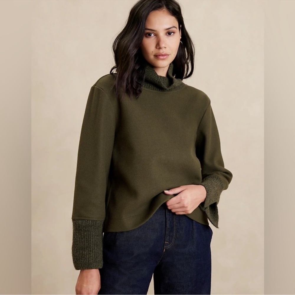 Banana Republic Olive Green Flannel Sweater Turtleneck XS NWT Wide Collar I2